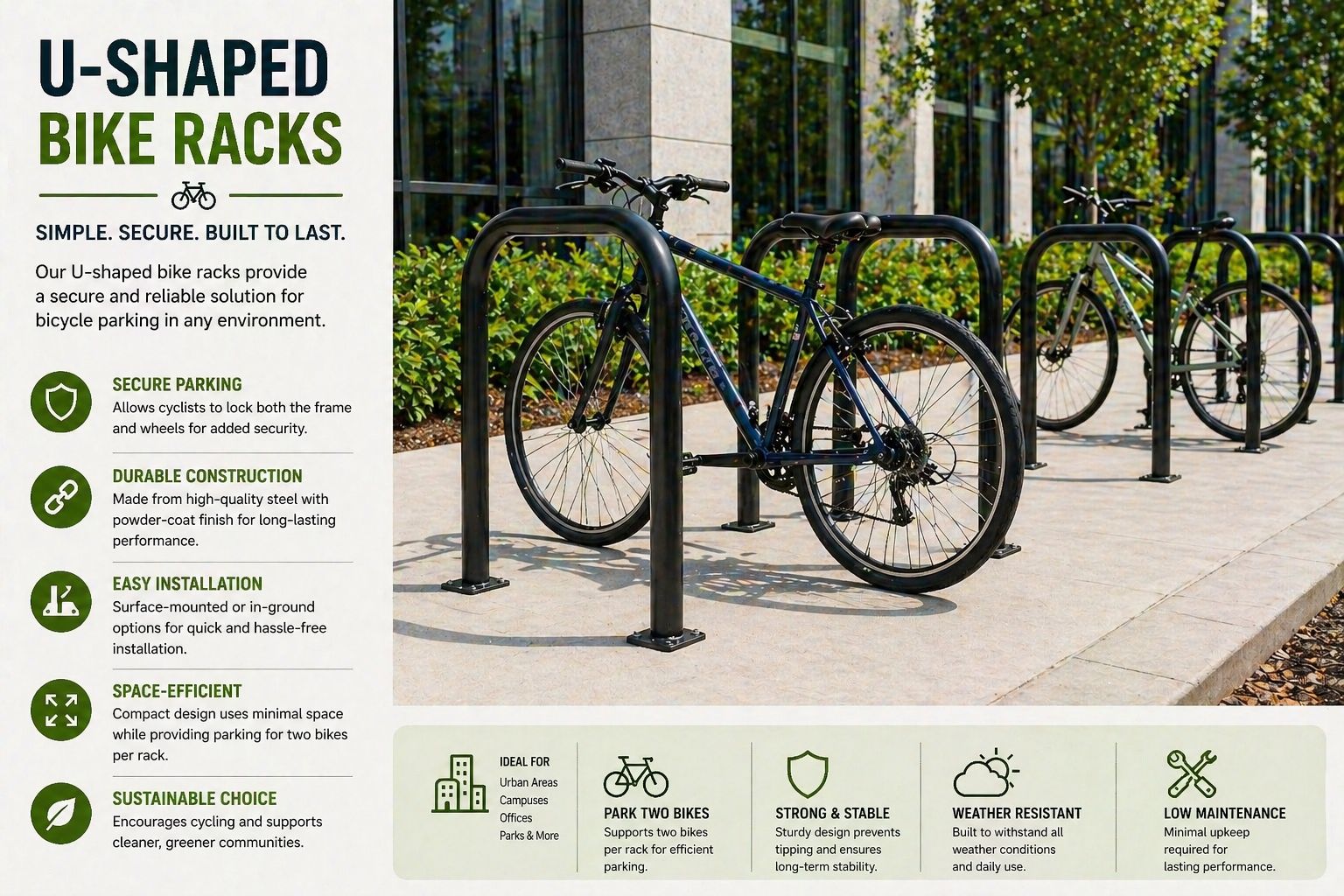 designated city bike rack U-shaped or H-shaped with multiple bikes locked securely